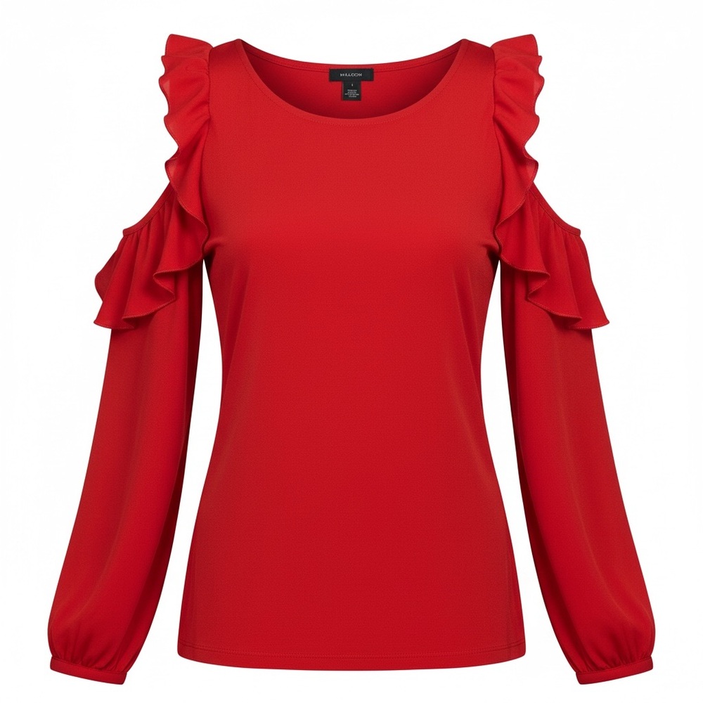 Halogen Red Cold-Shoulder Ruffle Long-Sleeve Top